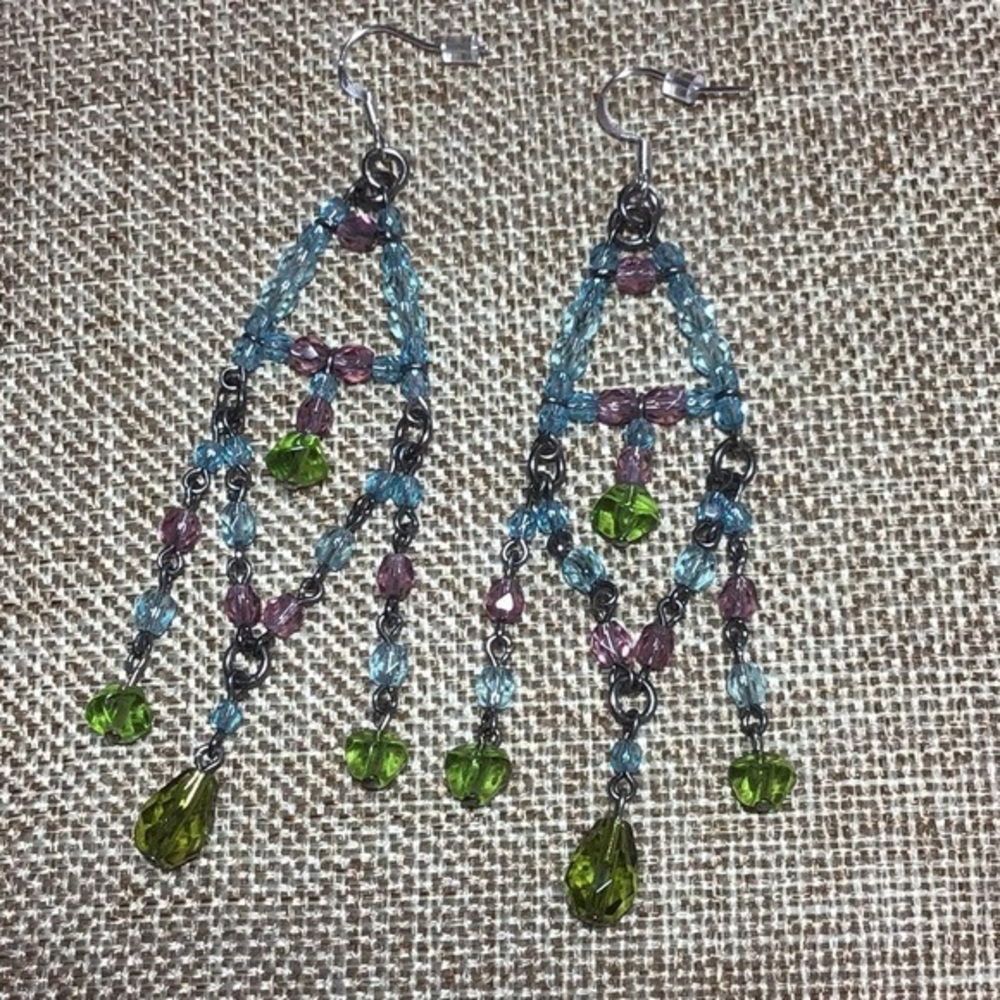NWOT Long Pierced Boho Earrings Green Blue Purple